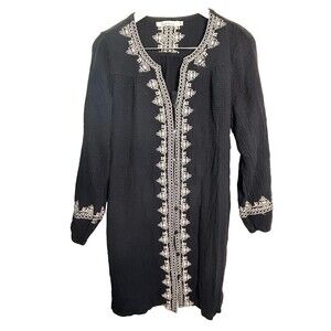 Solitaire Shift Dress Womens M Embroidered Peasant 3/4 Sleeve Button Down